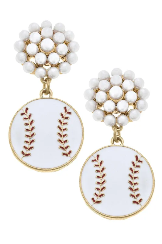 Baseball Pearl Cluster Enamel Drop Earrings in White & Red sold by Canvas Style