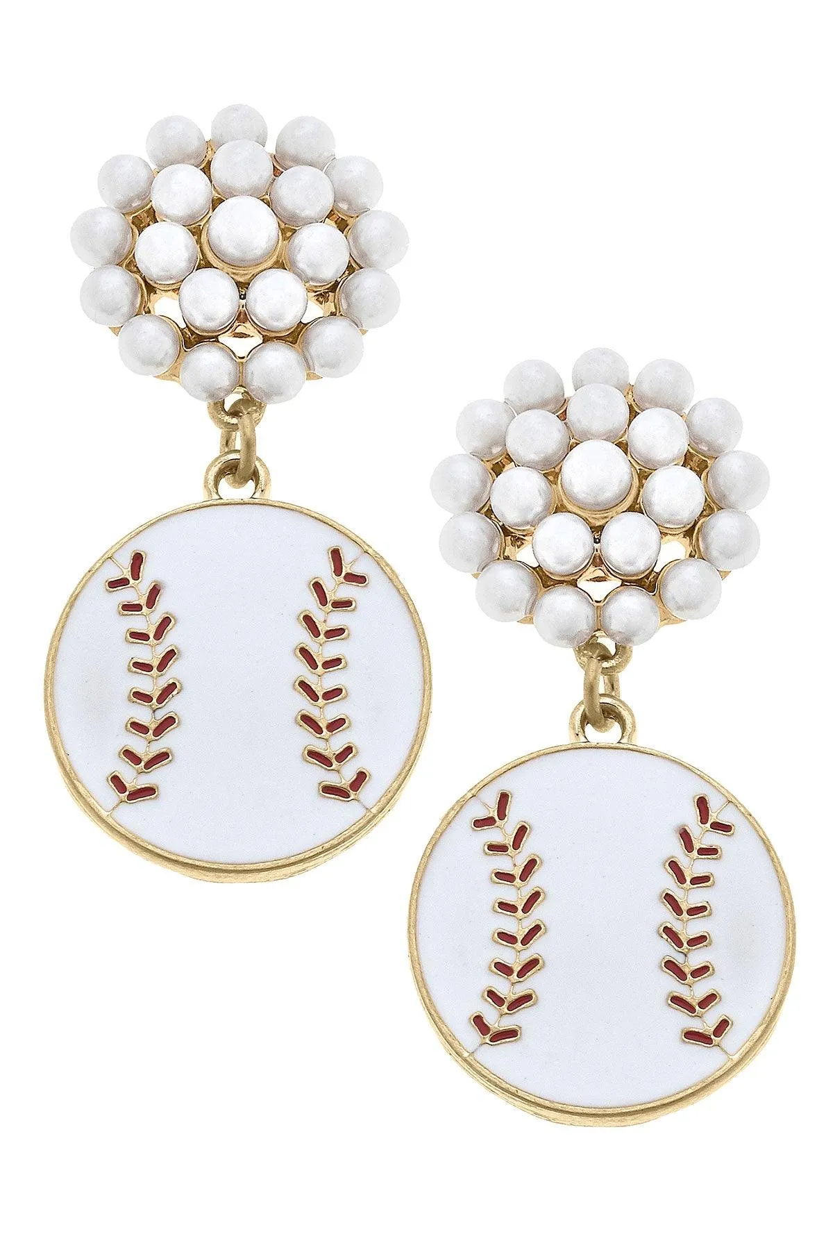 Baseball Pearl Cluster Enamel Drop Earrings in White & Red sold by Canvas Style