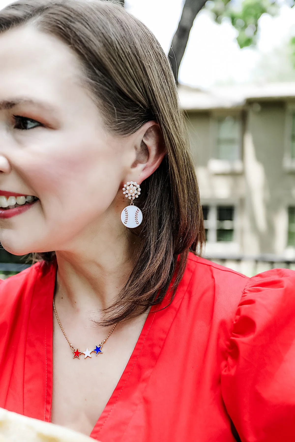 Baseball Pearl Cluster Enamel Drop Earrings in White & Red sold by Canvas Style product image thumbnail 2