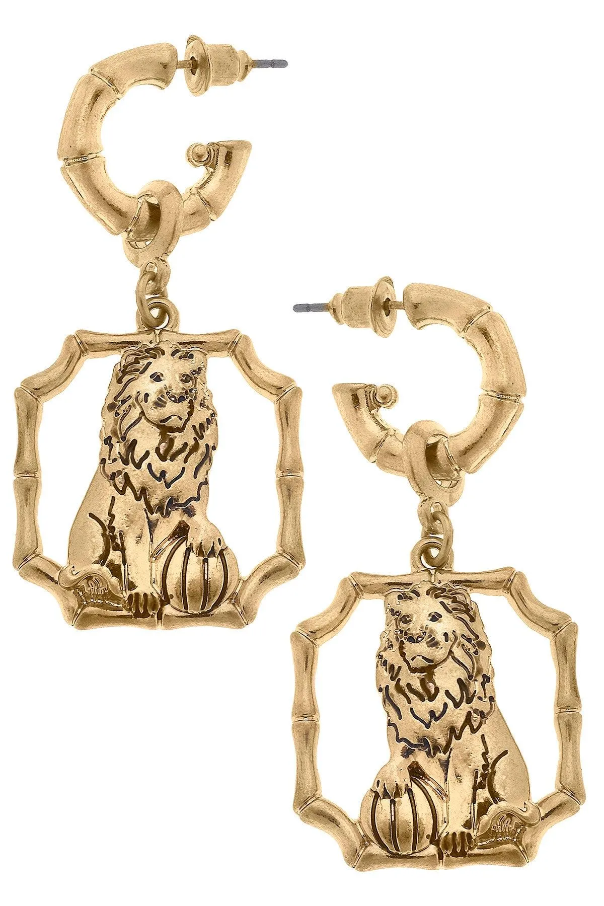 Amanda Lion Drop Hoop Earrings in Worn Gold sold by Canvas Style