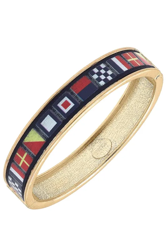 Wendy Nautical Flag Hinge Bangle in Worn Gold sold by Canvas Style