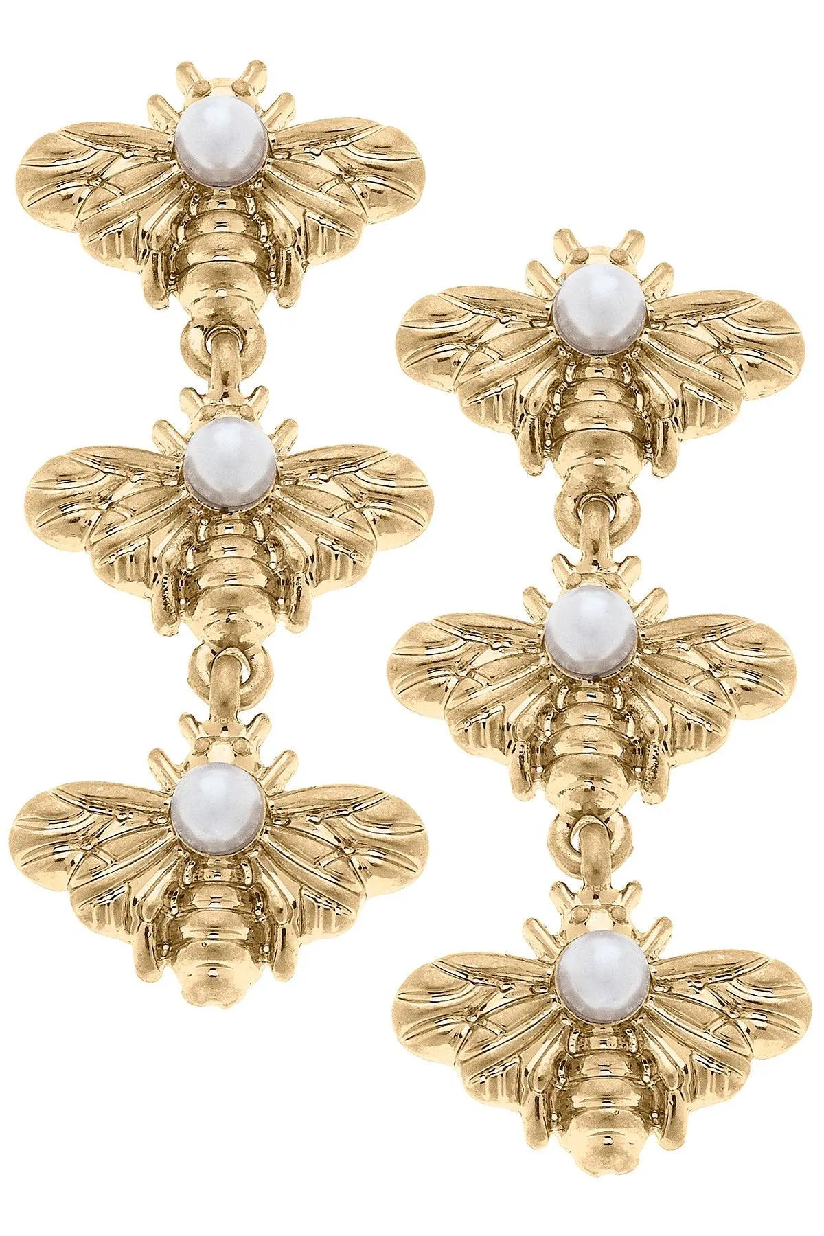 Martine Bee & Pearl Triple Drop Earrings in Worn Gold - FINAL SALE sold by Canvas Style