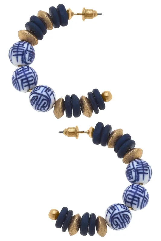 Britt Blue & White Chinoiserie & Painted Wood Hoop Earrings - FINAL SALE sold by Canvas Style