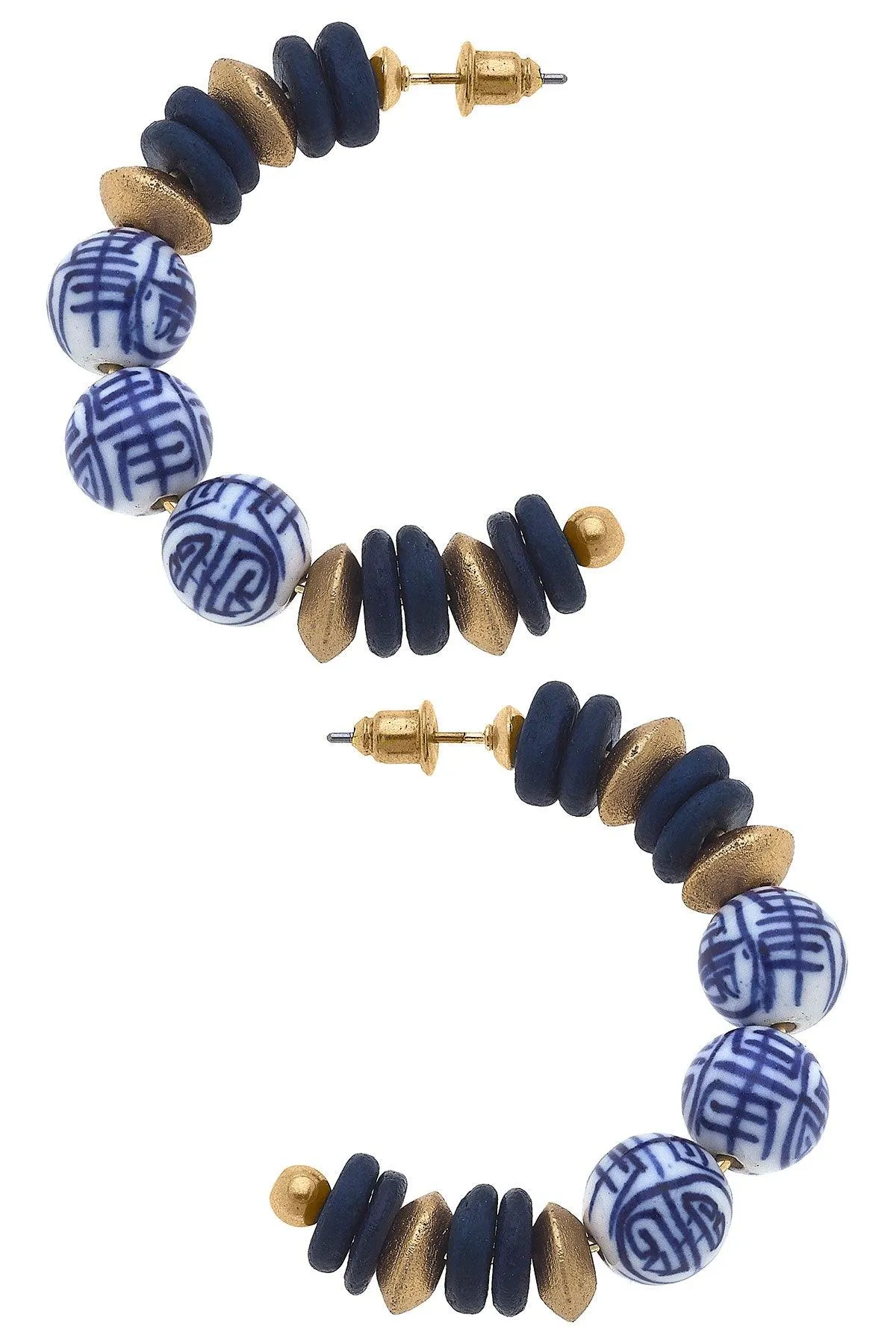 Britt Blue & White Chinoiserie & Painted Wood Hoop Earrings - FINAL SALE sold by Canvas Style