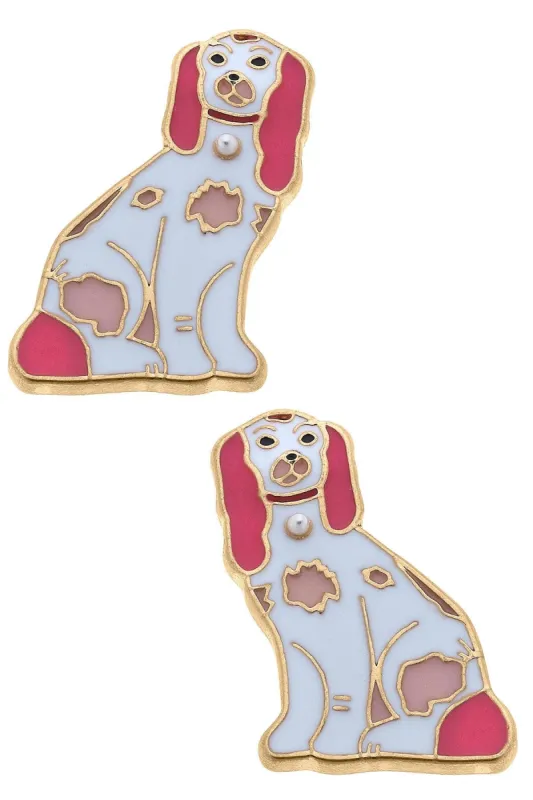 Daphne Enamel Staffordshire Dog Stud Earrings in Pink & White sold by Canvas Style