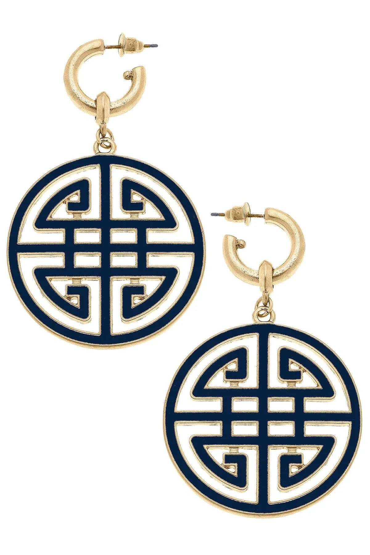 Jenson Game Day Greek Keys Enamel Statement Earrings in Navy sold by Canvas Style