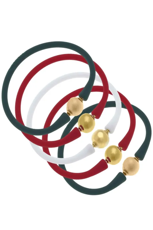 Bali 24K Gold Silicone Bracelet Holiday Stack of 5 in Red, White & Hunter Green sold by Canvas Style