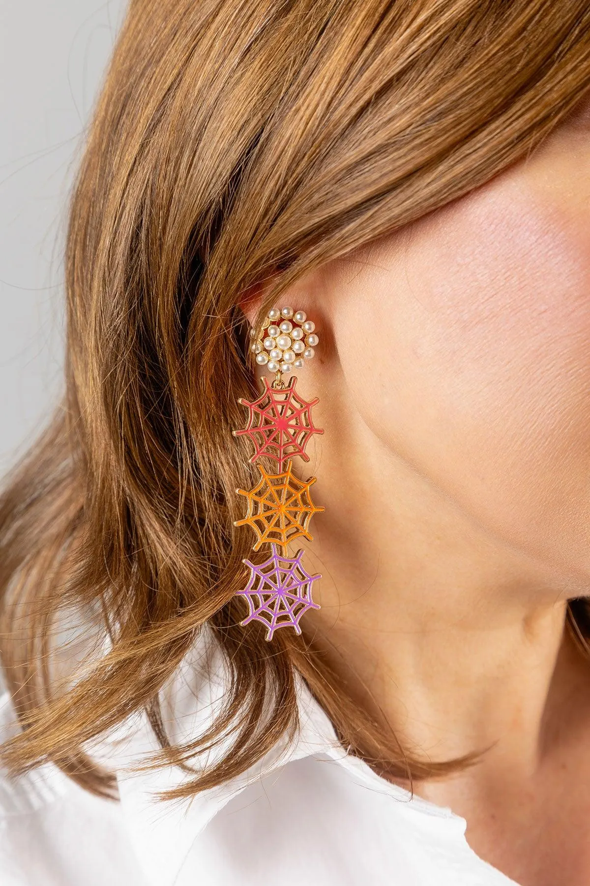 Halloween Enamel Linked Spider Web Drop Earrings in Pink/Orange/Purple sold by Canvas Style product image thumbnail 3