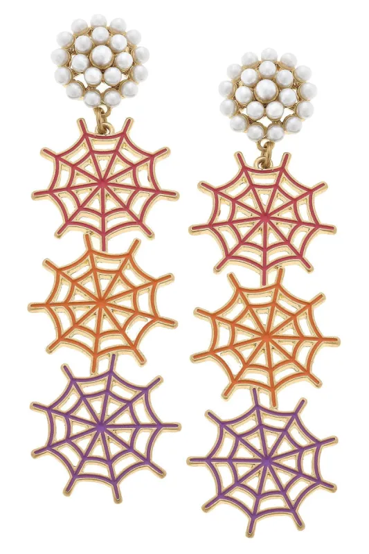 Halloween Enamel Linked Spider Web Drop Earrings in Pink/Orange/Purple sold by Canvas Style