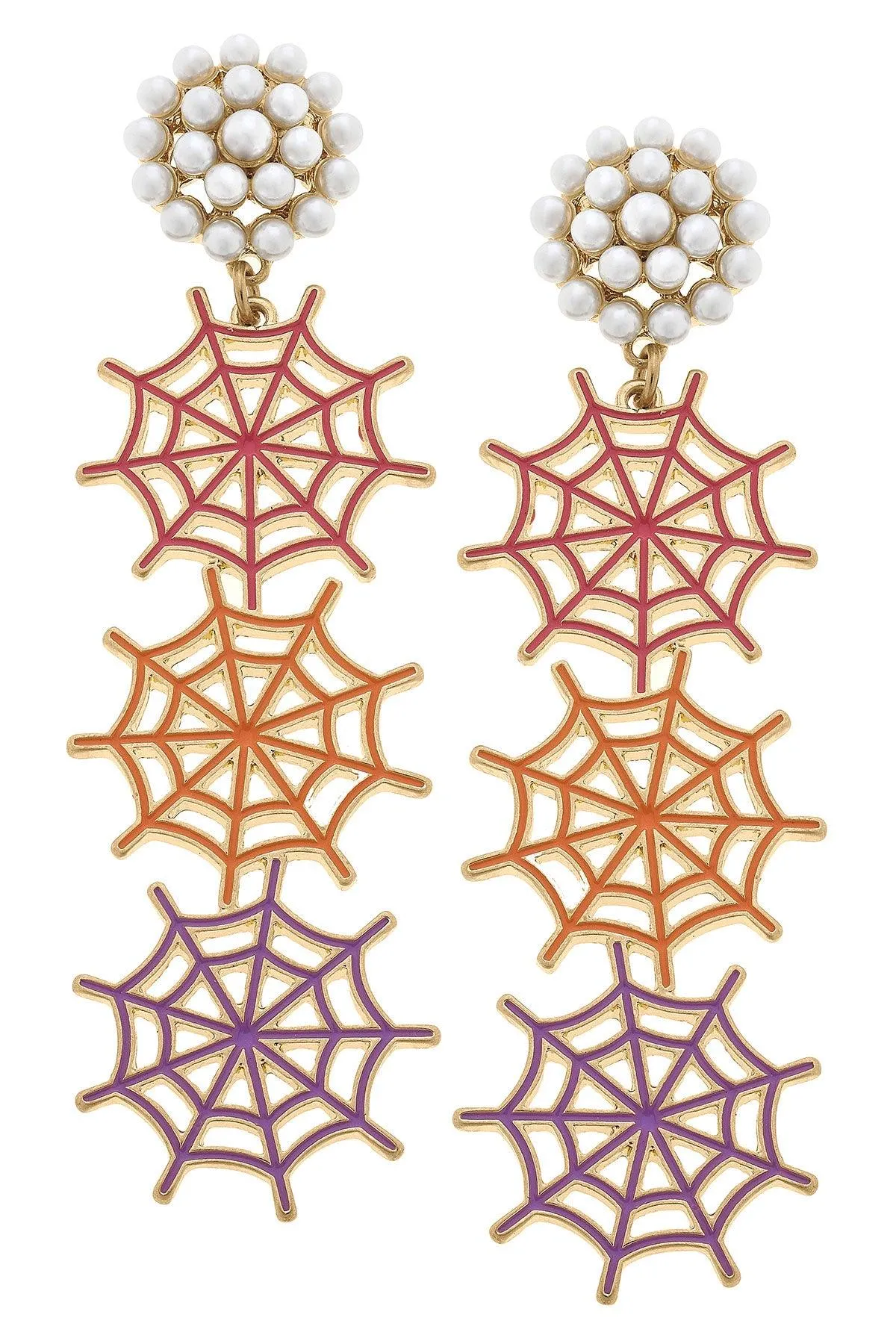 Halloween Enamel Linked Spider Web Drop Earrings in Pink/Orange/Purple sold by Canvas Style