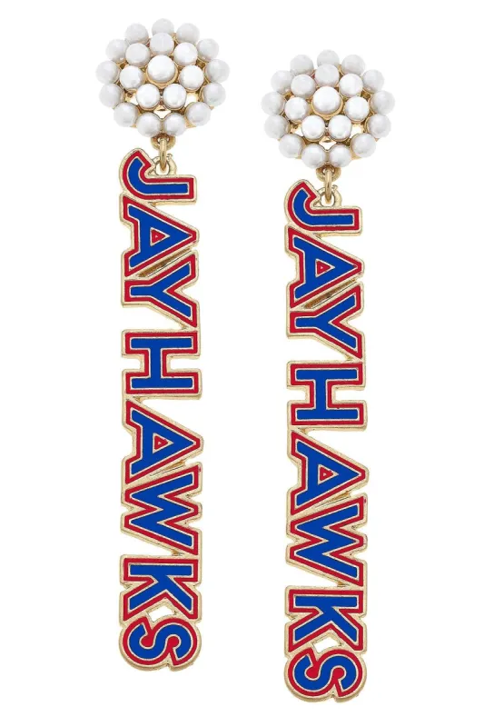 Kansas Jayhawks Pearl Cluster Outline Enamel Earrings in Blue/Red sold by Canvas Style