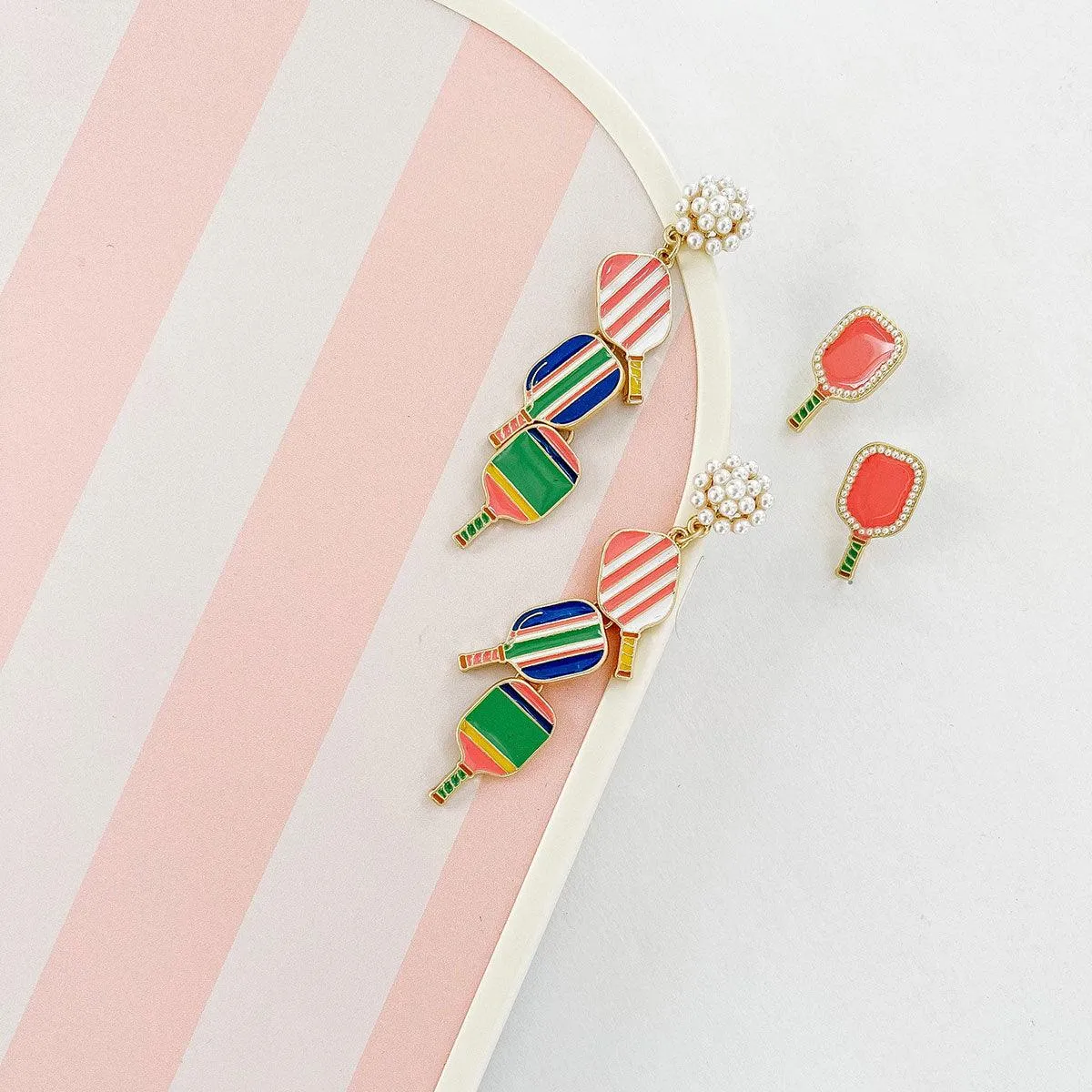 Ellie Pickleball Triple Linked Pearl Cluster Drop Earrings in Multi sold by Canvas Style product image thumbnail 3