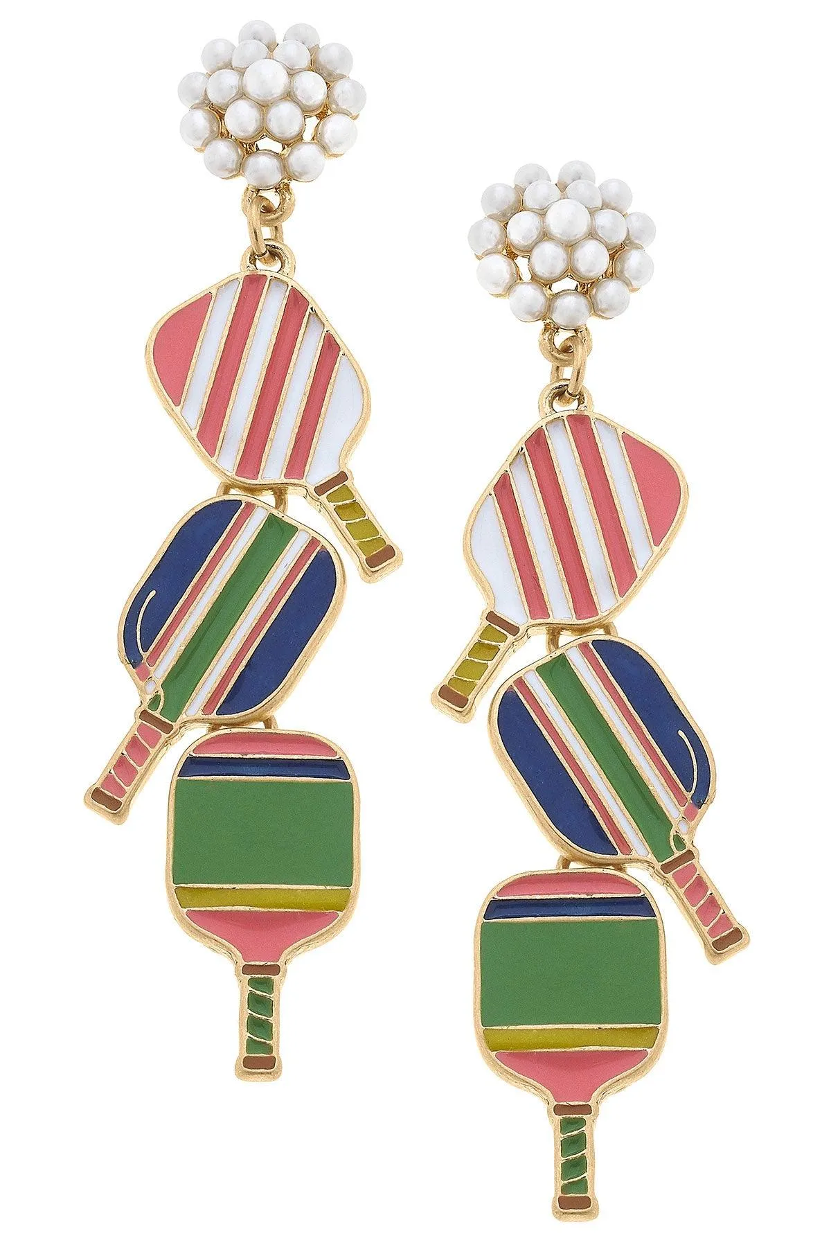 Ellie Pickleball Triple Linked Pearl Cluster Drop Earrings in Multi sold by Canvas Style