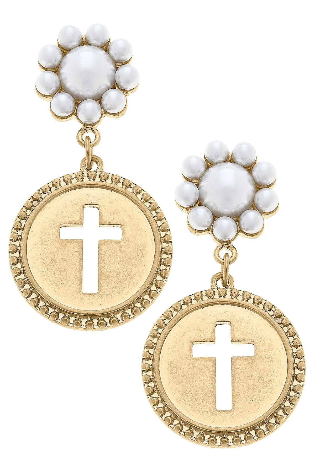 Candace Coin Cross Pearl Drop Earrings in Worn Gold sold by Canvas Style
