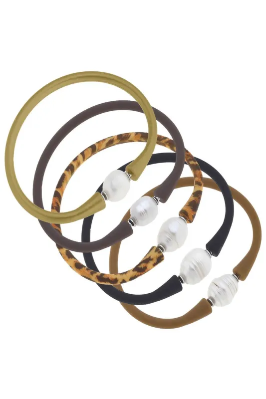 Bali Freshwater Pearl Silicone Bracelet Stack of 5 in Metallic Gold, Chocolate, Leopard, Black & Cocoa sold by Canvas Style