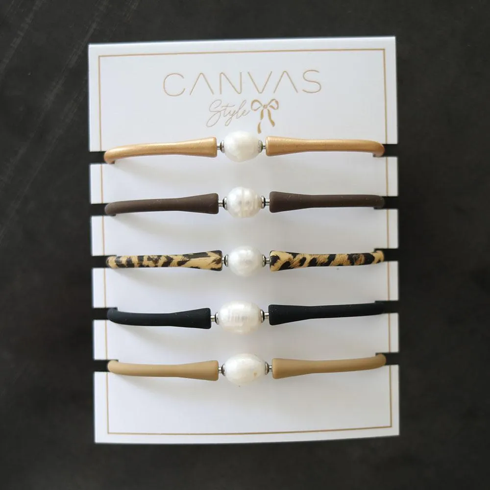 Bali Freshwater Pearl Silicone Bracelet Stack of 5 in Metallic Gold, Chocolate, Leopard, Black & Cocoa sold by Canvas Style product image thumbnail 2