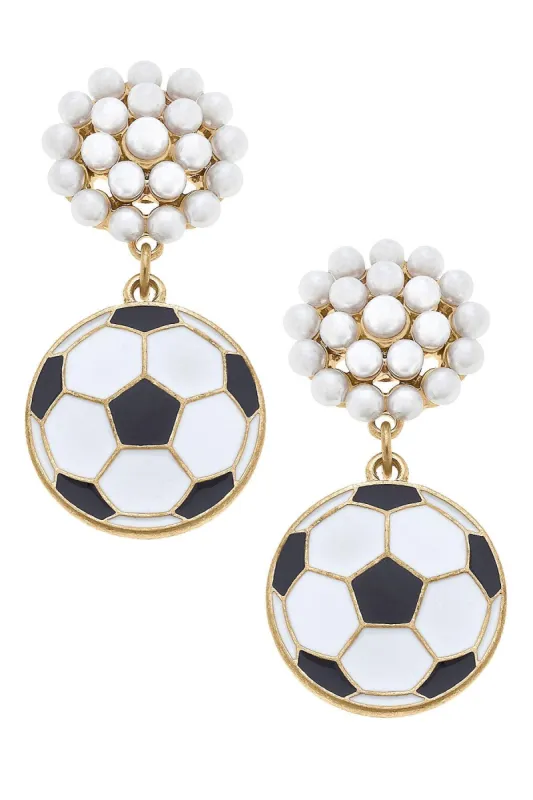 Soccer Ball Pearl Cluster Enamel Drop Earrings in Black & White sold by Canvas Style