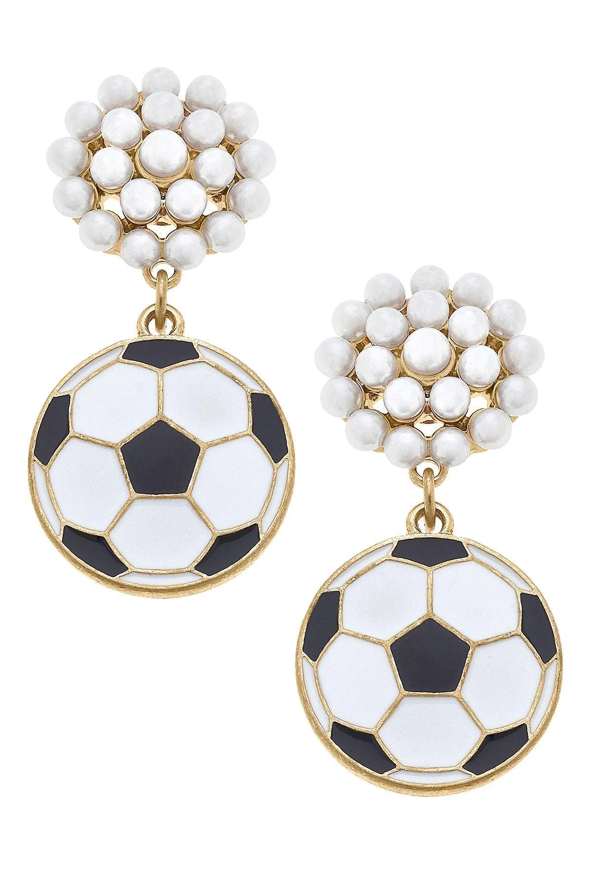 Soccer Ball Pearl Cluster Enamel Drop Earrings in Black & White sold by Canvas Style