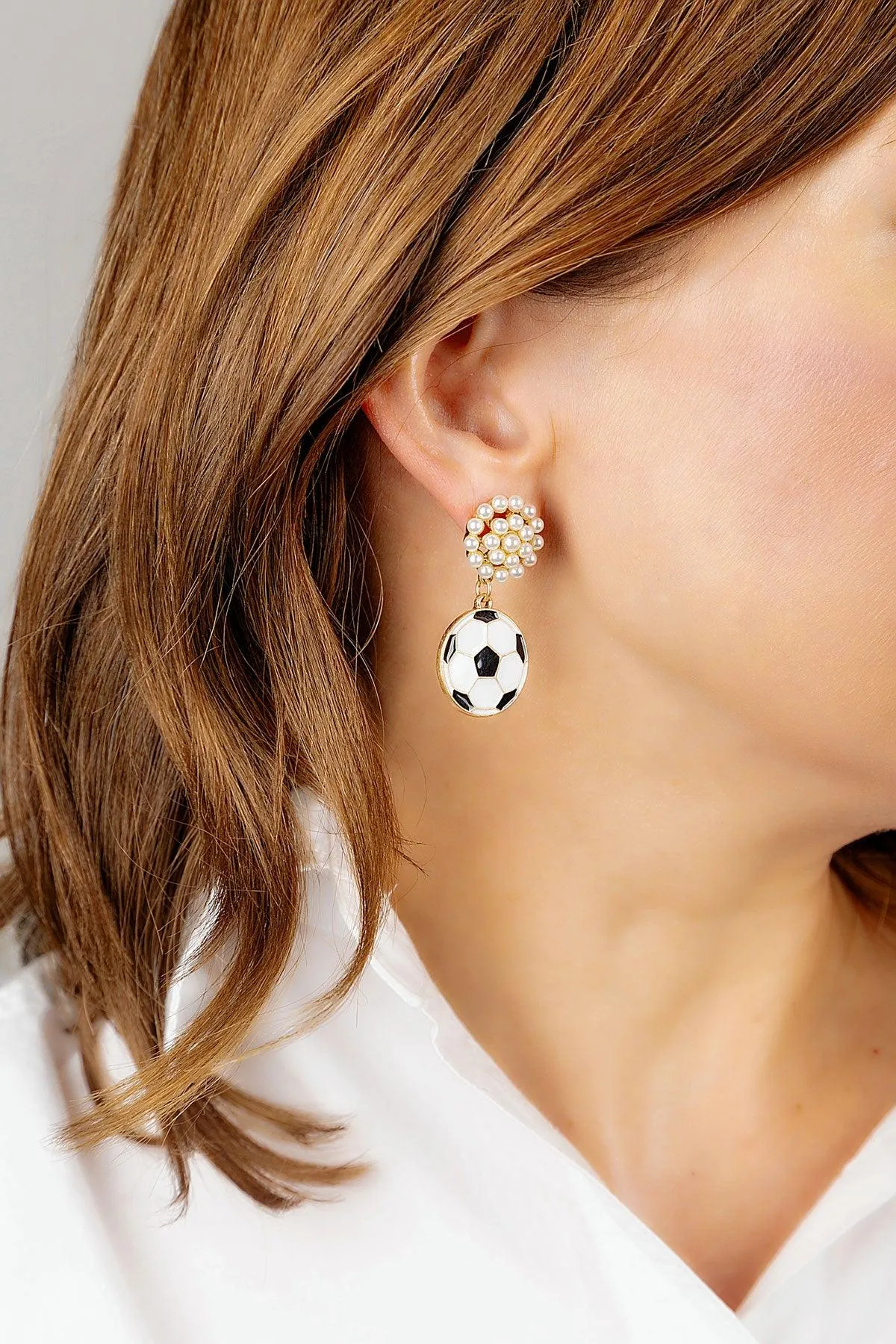 Soccer Ball Pearl Cluster Enamel Drop Earrings in Black & White sold by Canvas Style product image thumbnail 2
