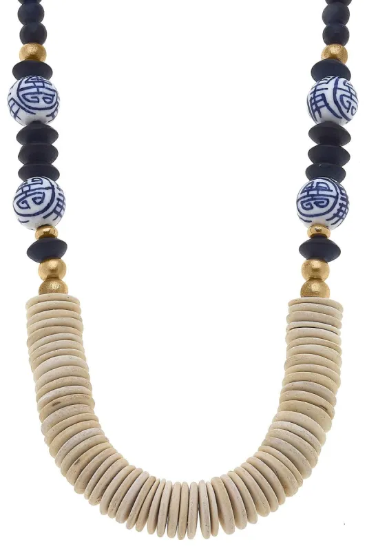Monroe Blue & White Chinoiserie & Painted Wood Necklace - FINAL SALE sold by Canvas Style