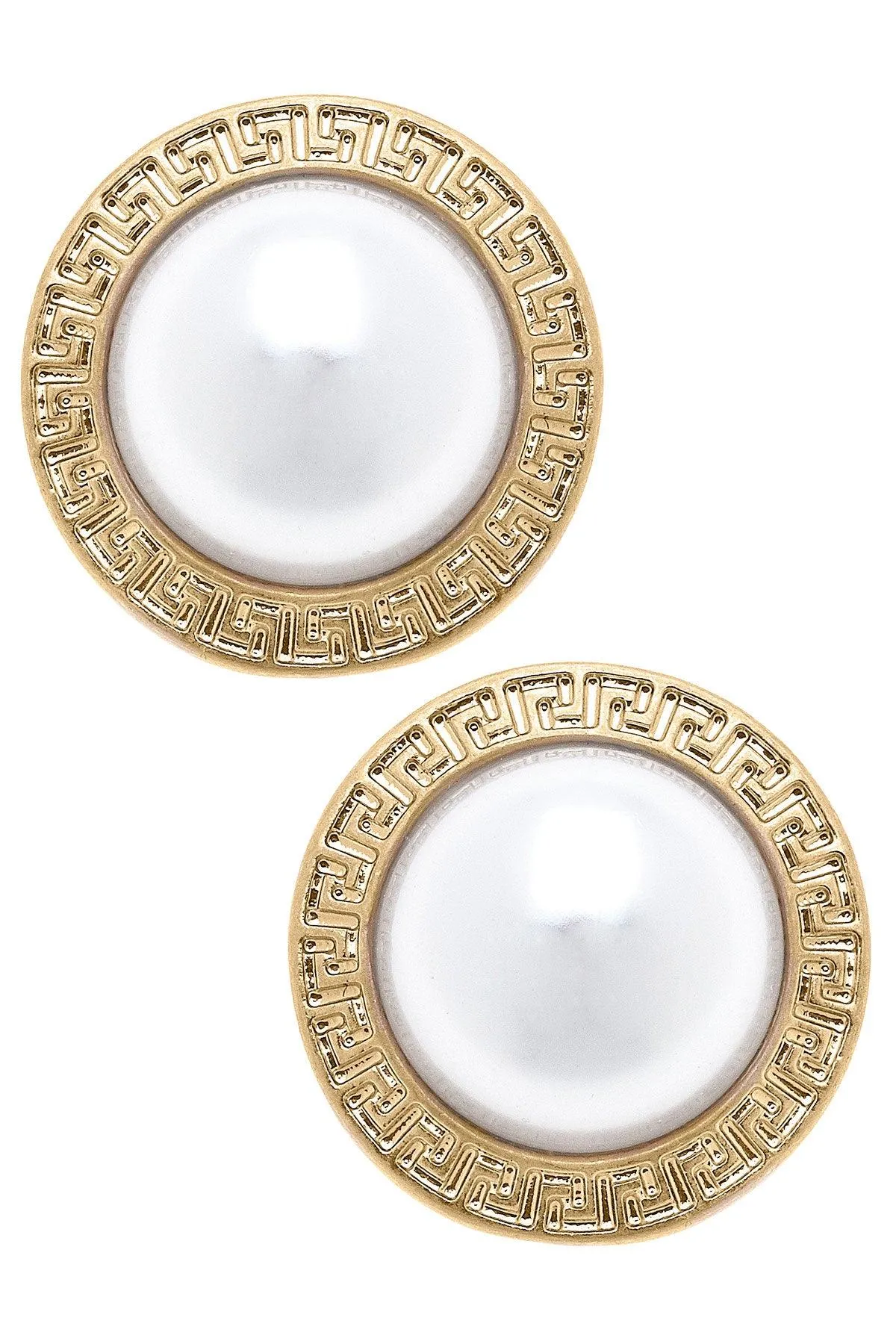 Amal Greek Keys Pearl Stud Earrings in Ivory sold by Canvas Style