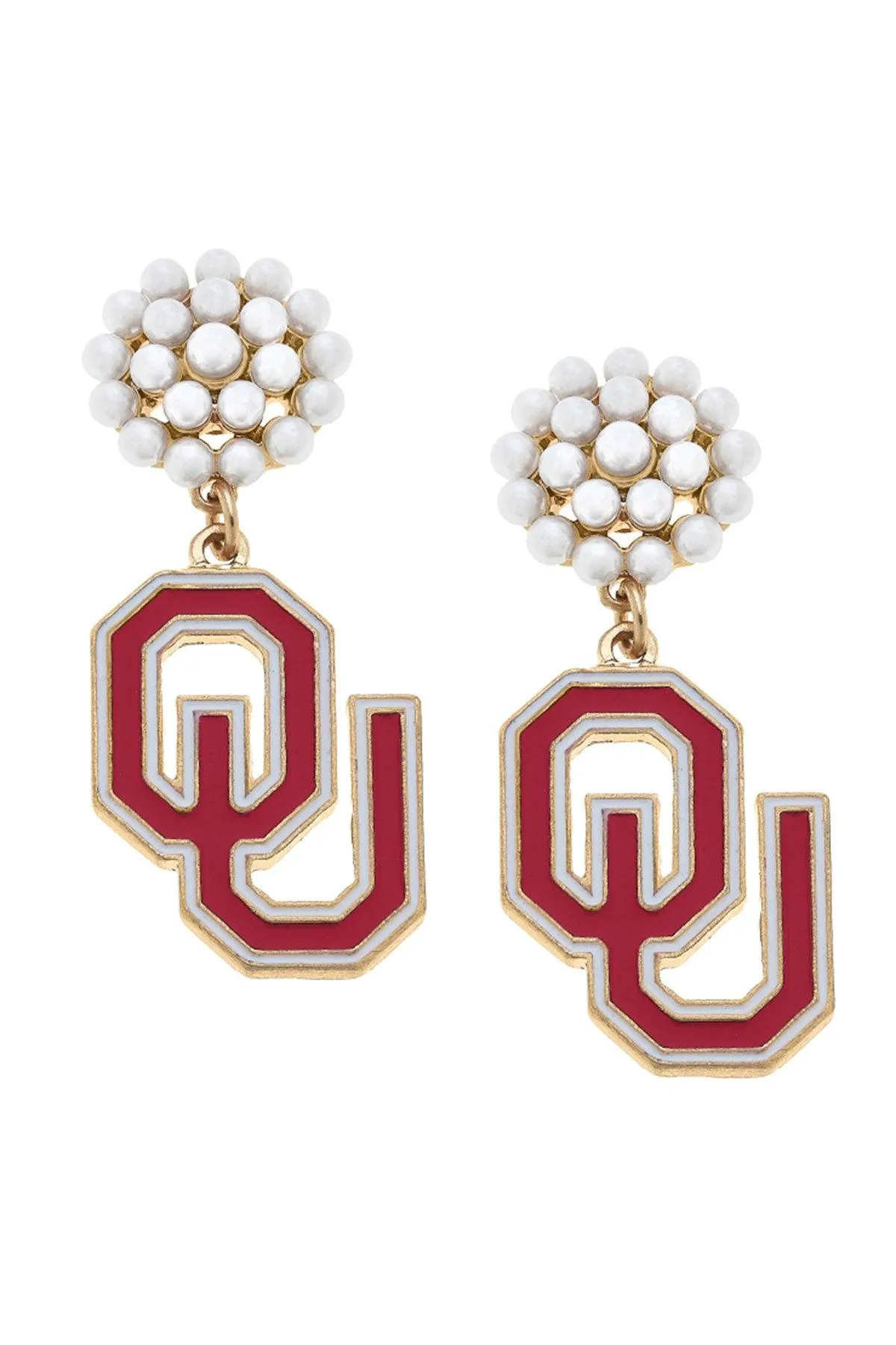 Oklahoma Sooners Pearl Cluster Enamel Drop Earrings sold by Canvas Style