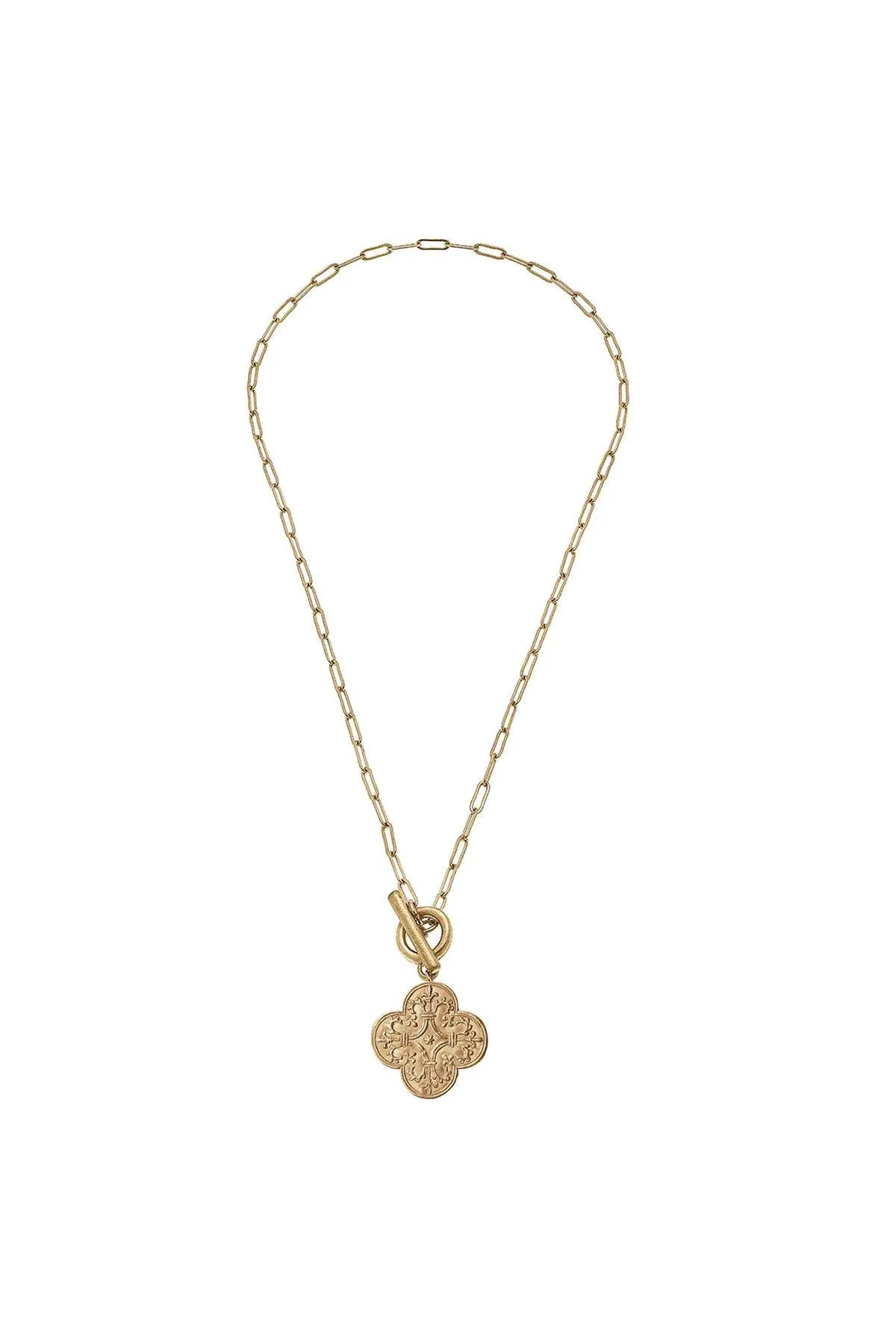CANVAS Style x MaryCatherineStudio French Quatrefoil T-Bar Necklace in Worn Gold sold by Canvas Style