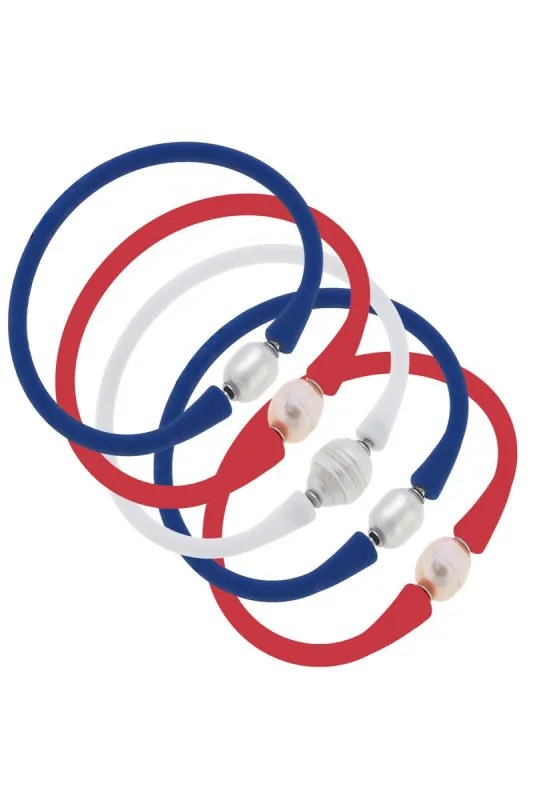 Bali Freshwater Pearl Silicone Bracelet Stack of 5 in Red, White & Royal Blue sold by Canvas Style