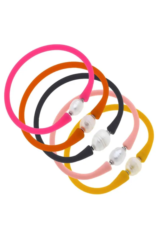 Bali Freshwater Pearl Silicone Bracelet Stack of 5 in Neon Pink, Orange, Black, Light Pink & Cantaloupe sold by Canvas Style
