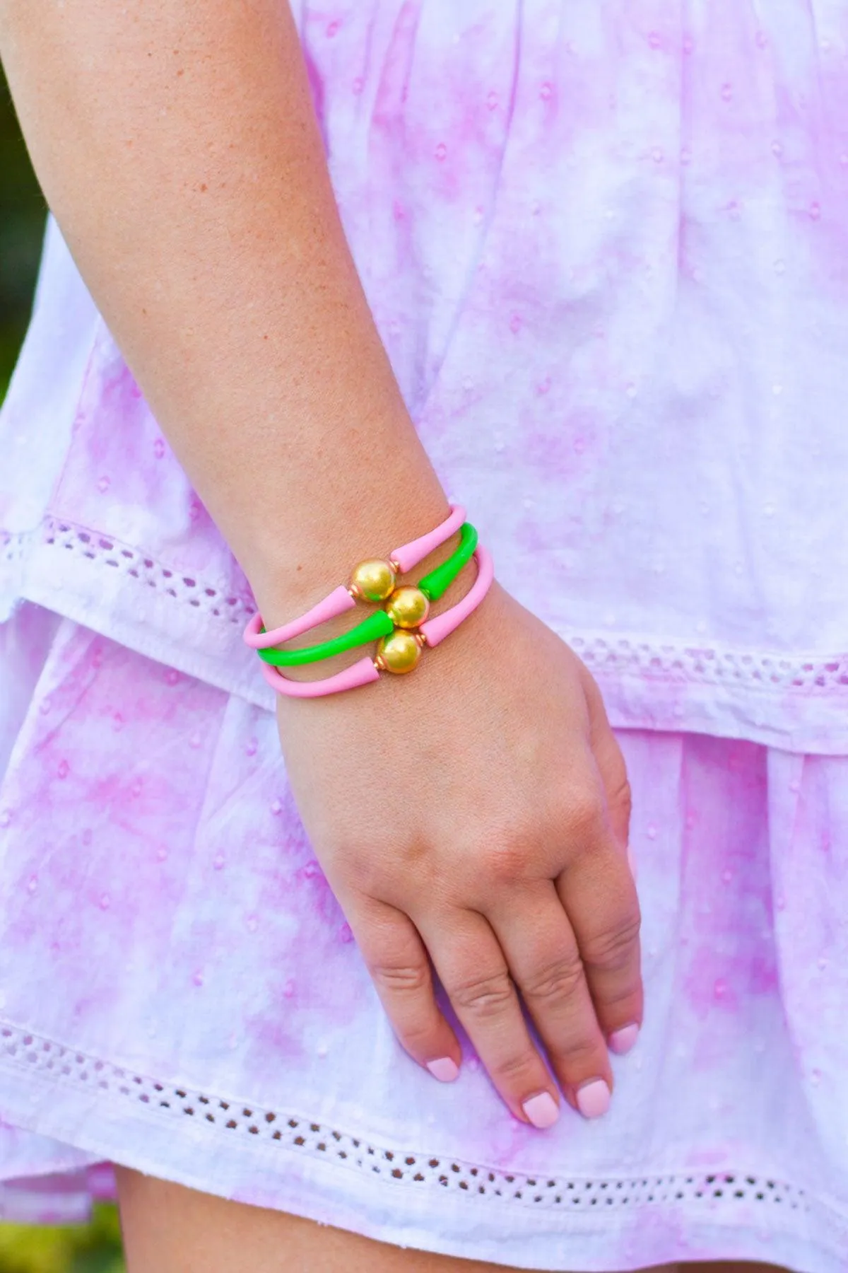 Bali 24K Gold Plated Ball Bead Silicone Bracelet in Green sold by Canvas Style product image thumbnail 2