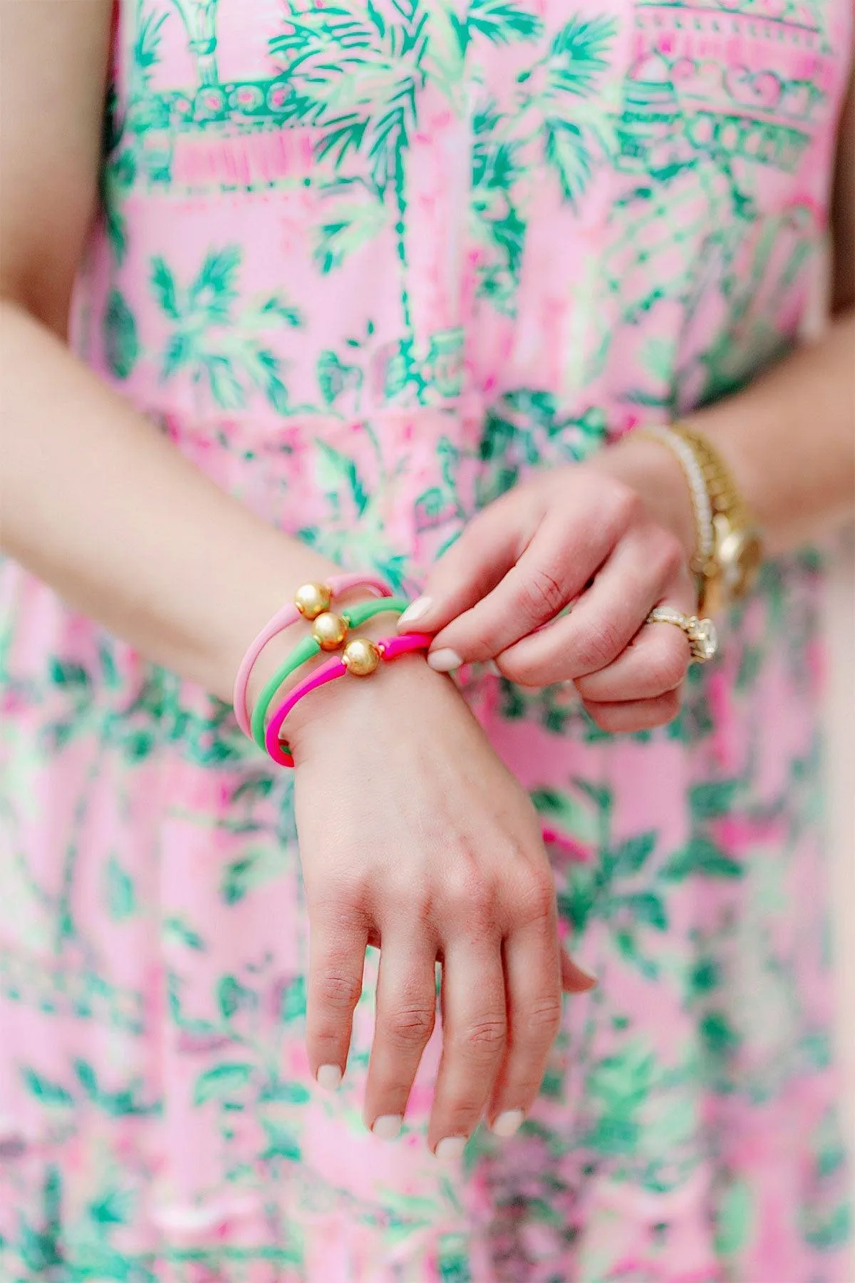 Bali 24K Gold Plated Ball Bead Silicone Bracelet in Green sold by Canvas Style product image thumbnail 3