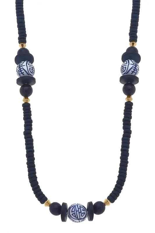 Savoy Blue & White Chinoiserie & Painted Wood Necklace - FINAL SALE sold by Canvas Style