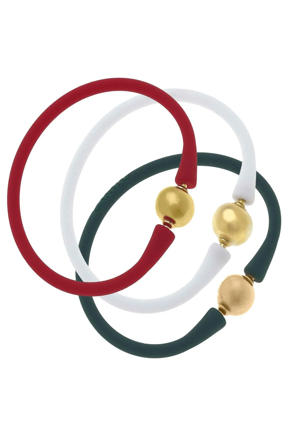 Bali 24K Gold Silicone Bracelet Holiday Stack of 3 in Red, White & Hunter Green sold by Canvas Style