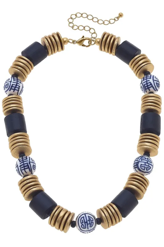 Lorelei Blue & White Chinoiserie & Painted Wood Statement Necklace - FINAL SALE sold by Canvas Style
