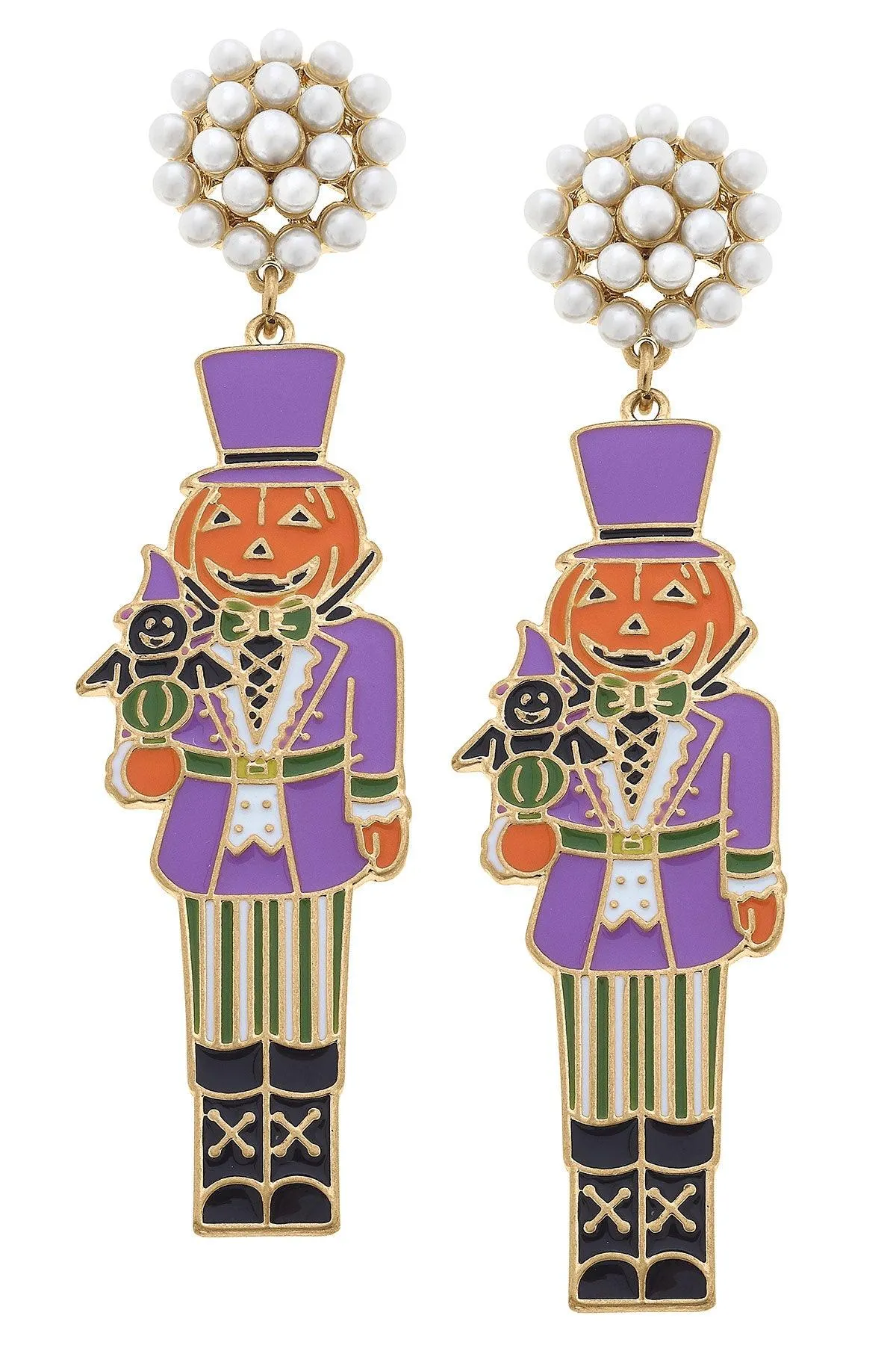Halloween Enamel Jack O'Lantern Nutcracker Earrings in Purple and Orange sold by Canvas Style