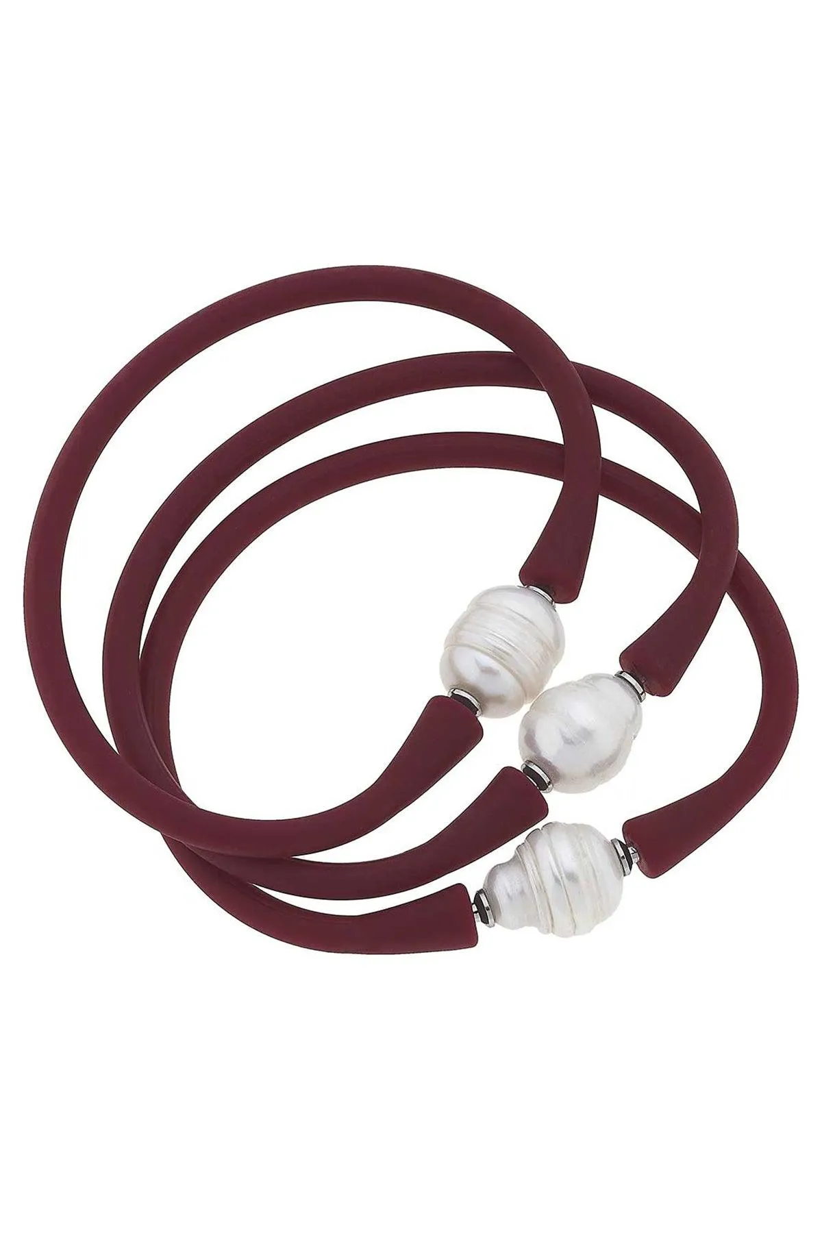 Bali Freshwater Pearl Silicone Bracelet Set of 3 in Burgundy - FINAL SALE sold by Canvas Style