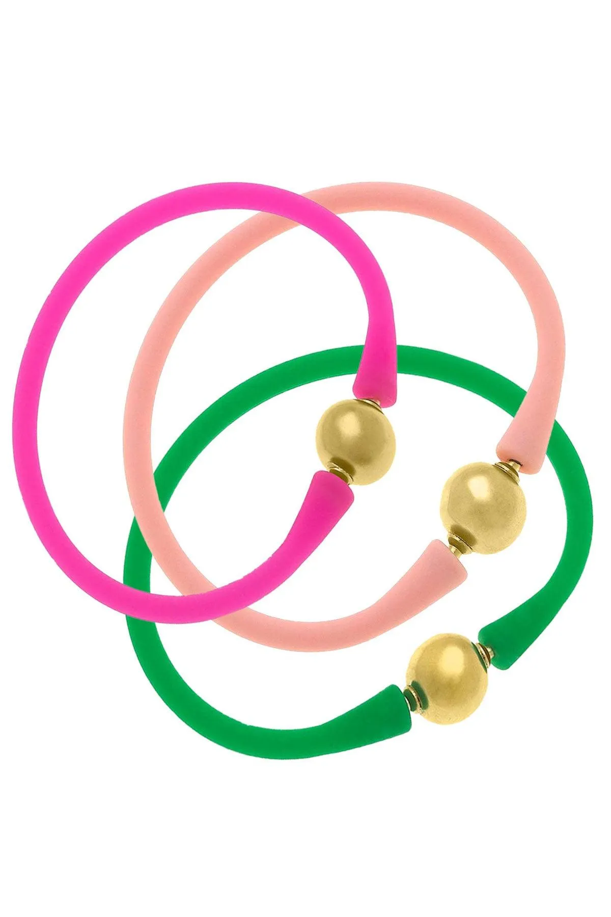 Bali 24K Gold Silicone Bracelet Holiday Stack of 3 in Light Pink, Fuchsia & Green sold by Canvas Style