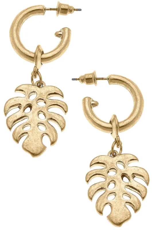 Monstera Leaf Drop Hoop Earrings in Worn Gold sold by Canvas Style