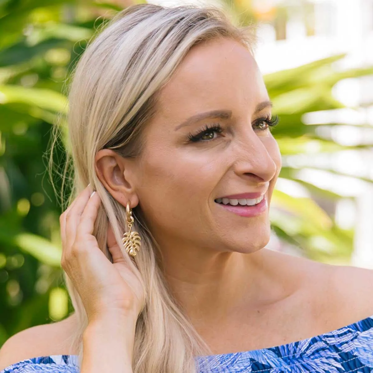 Monstera Leaf Drop Hoop Earrings in Worn Gold sold by Canvas Style product image thumbnail 2