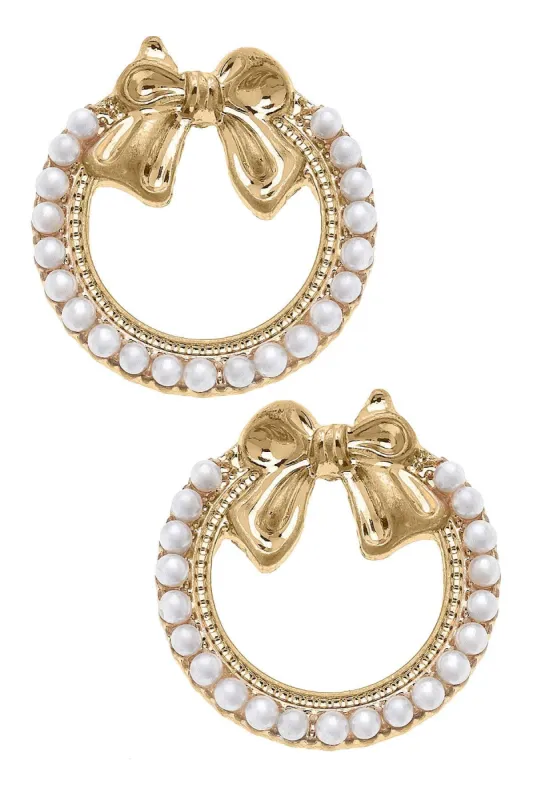 Rowen Pearl Bow Wreath Stud Earrrings in Worn Gold sold by Canvas Style