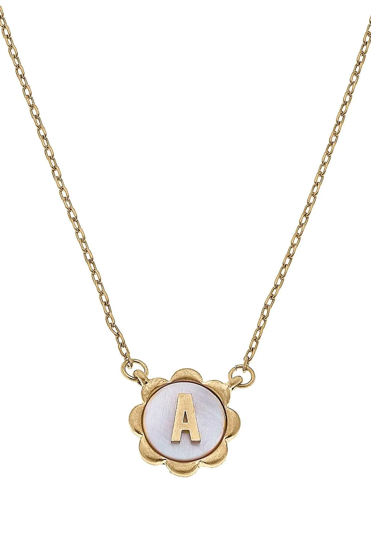 Juliette Mother of Pearl Scalloped Initial Necklace in Worn Gold - FINAL SALE sold by Canvas Style
