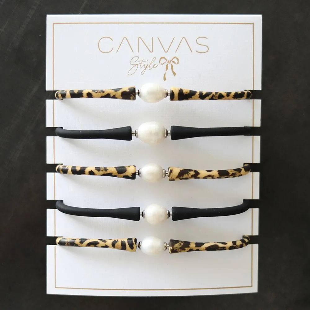 Bali Freshwater Pearl Silicone Bracelet Stack of 5 in Leopard & Black sold by Canvas Style product image thumbnail 2