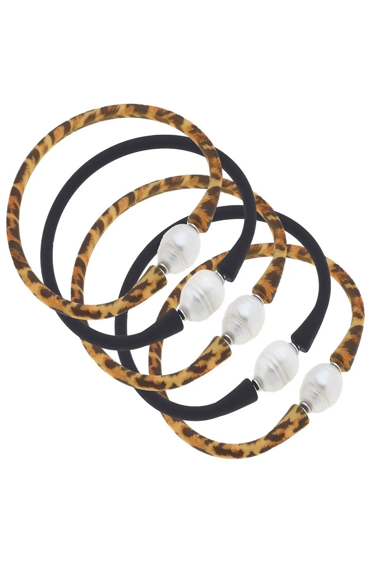 Bali Freshwater Pearl Silicone Bracelet Stack of 5 in Leopard & Black sold by Canvas Style