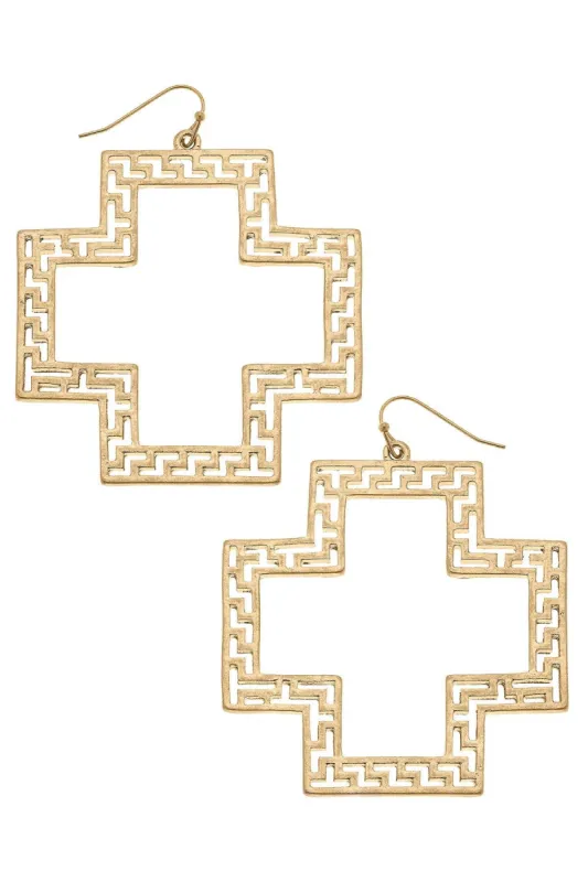 Melissa Greek Keys Cross Statement Earrings in Worn Gold sold by Canvas Style