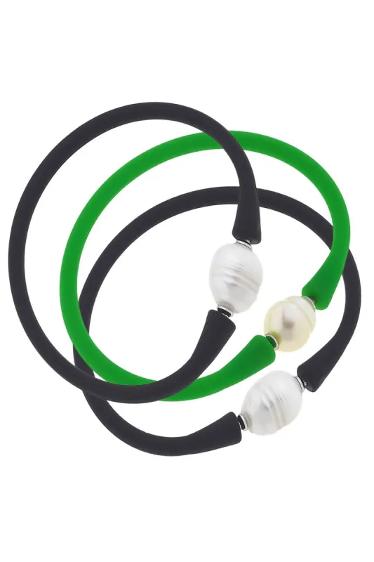 Bali Freshwater Pearl Silicone Bracelet Stack of 3 in Black & Green sold by Canvas Style