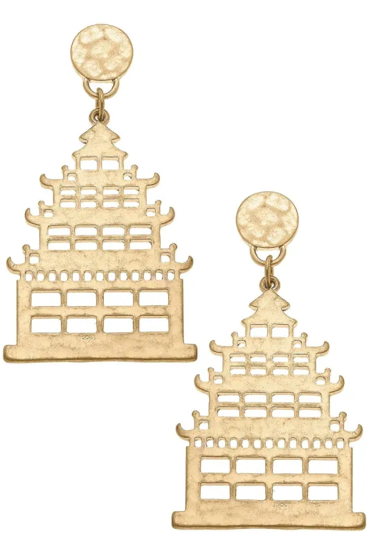 Cerise Pagoda Statement Earrings in Worn Gold sold by Canvas Style