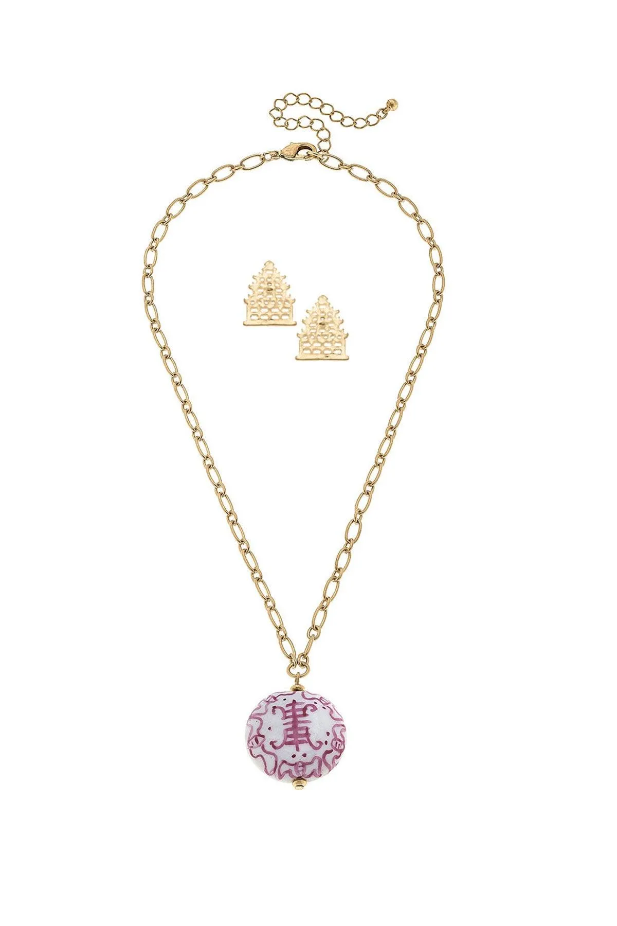 Pagoda Earring and Chinoiserie Necklace Set in Pink & White - FINAL SALE sold by Canvas Style