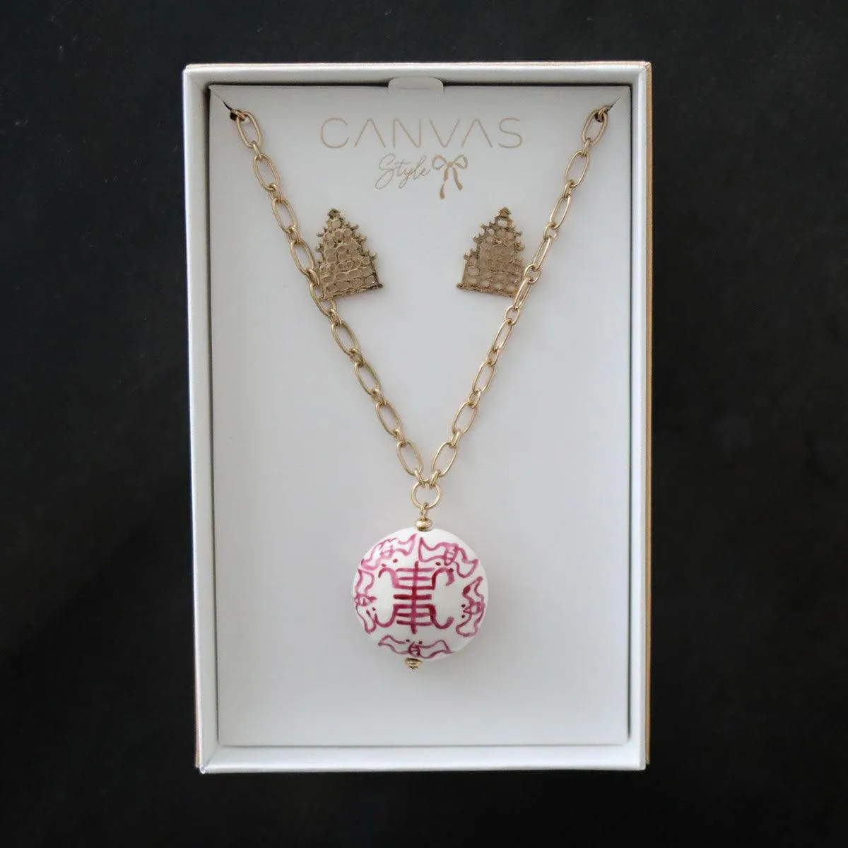 Pagoda Earring and Chinoiserie Necklace Set in Pink & White - FINAL SALE sold by Canvas Style product image thumbnail 2