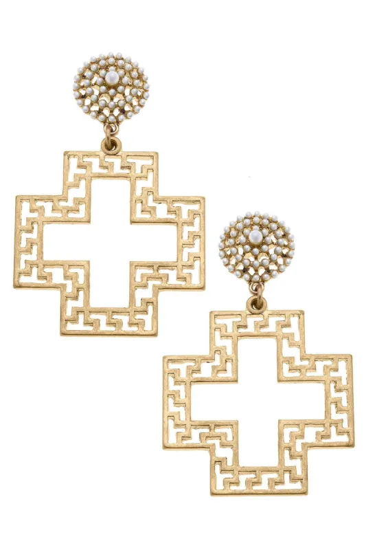 Emilia Greek Keys Cross & Pearl Studded Statement Earrings in Worn Gold sold by Canvas Style