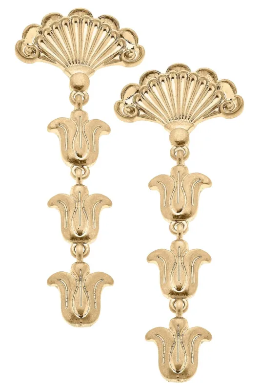 Ames French Fan & Millefleurs Drop Earrings in Worn Gold sold by Canvas Style